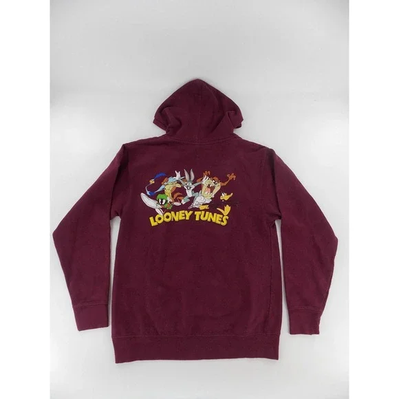 Looney Tunes Graphic Hoodie Unisex M Burgundy Good Bugs Bunny Taz 90s Style - Picture 3 of 4